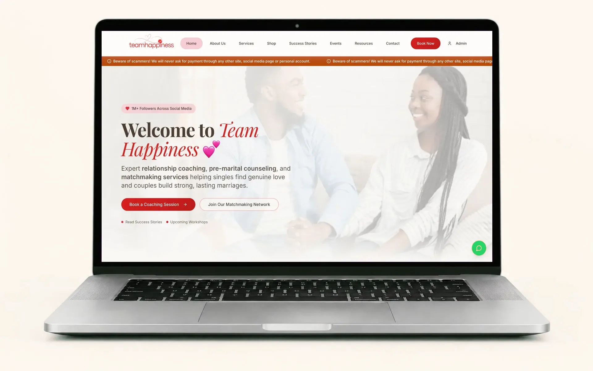 TeamHappiness Official homepage shown on a laptop